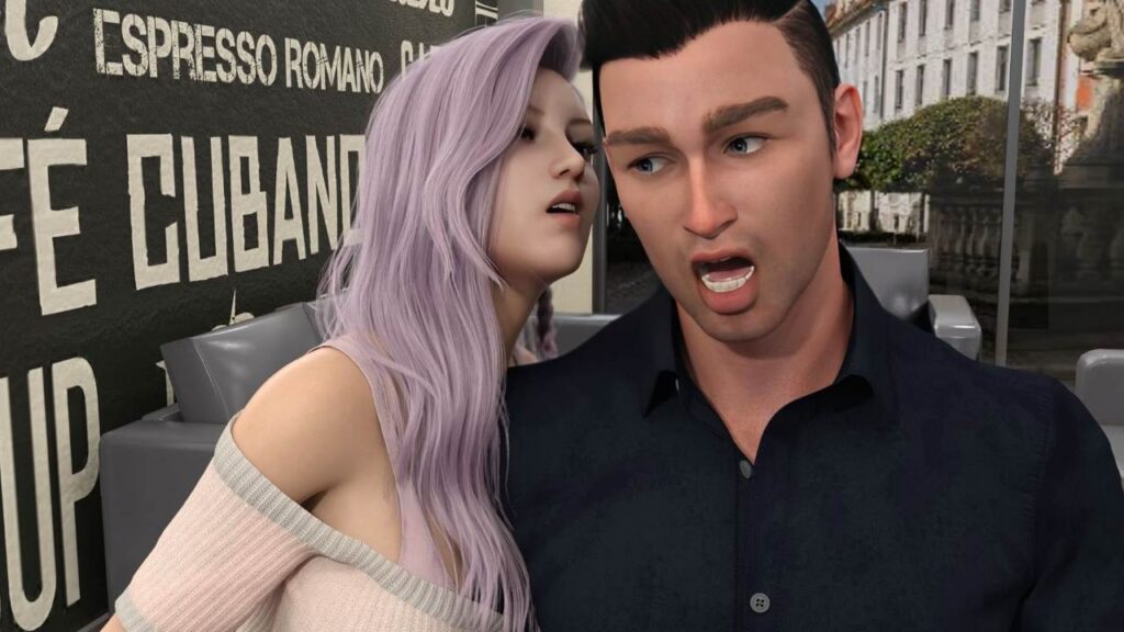 Woman with purple hair sharing a secret with man in Dual Family Game
